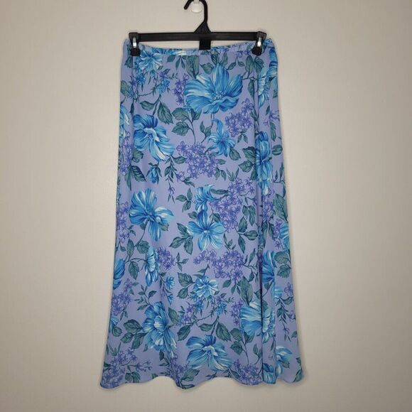 Blue purple bright floral pull on a line whimsical romantic midi maxi skirt 12 - Picture 1 of 6
